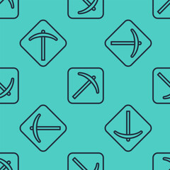 Poster - Black line Pickaxe icon isolated seamless pattern on green background. Vector