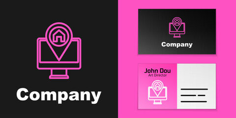 Poster - Pink line Computer monitor and folded map with location marker icon isolated on black background. Logo design template element. Vector