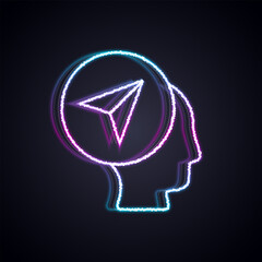 Poster - Glowing neon line Map marker with a silhouette of a person icon isolated on black background. GPS location symbol. Vector