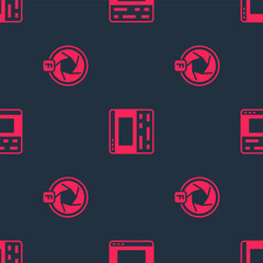 Poster - Set Camera shutter and Video recorder on laptop on seamless pattern. Vector