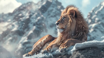 african lion sitting on snow mountains, detailed closeup of majestic predator in the winter wilderness