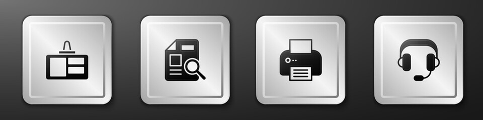 Poster - Set Identification badge, Document with graph chart, Printer and Headphones icon. Silver square button. Vector