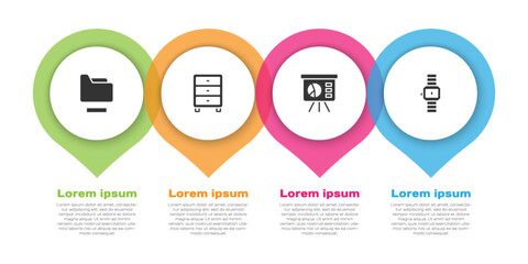 Poster - Set Document folder, Archive papers drawer, Board with graph and Wrist watch. Business infographic template. Vector