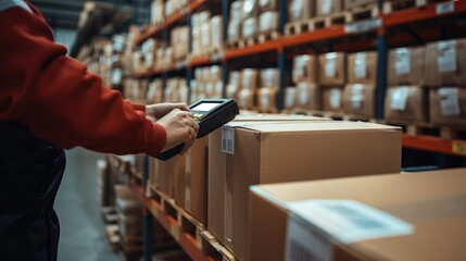 Aufkleber - Scanning barcodes on boxes with a barcode reader. Generative AI.