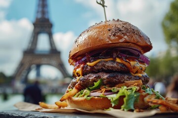 Wall Mural - Culinary Delight: A Skilled Chef Unveils a Succulent Gourmet Burger in the Cosmopolitan Charm of Paris, Elevating Dining Experience.