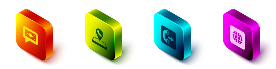 Poster - Set Isometric Stacks paper money cash, Call center location, Outgoing call phone and Worldwide icon. Vector