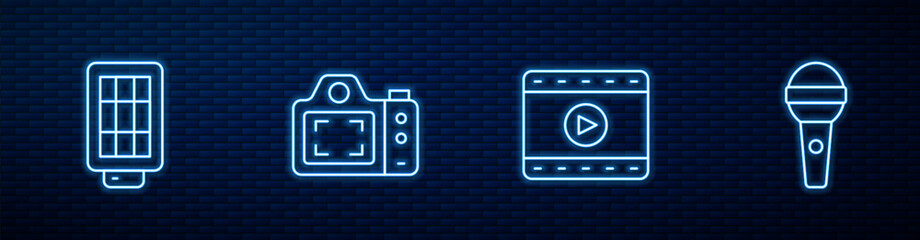 Poster - Set line Play Video, Softbox light, Photo camera and Microphone. Glowing neon icon on brick wall. Vector