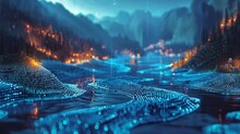 Blockchain Data Flow: Data Streaming Through A Blockchain, Visualized As A River Flowing Through A Futuristic Landscape.