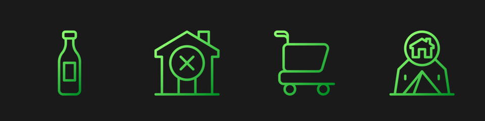 Poster - Set line Shopping cart, Bottle of water, No house and Tourist tent. Gradient color icons. Vector