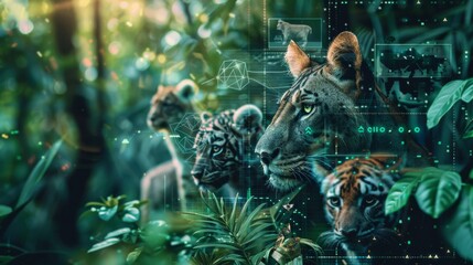 Blockchain for Wildlife Conservation: A depiction of blockchain technology being used to track and support wildlife conservation efforts, with animal avatars and digital ledgers.