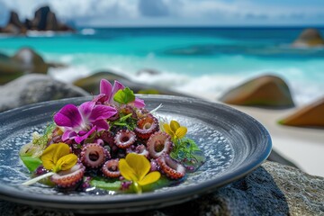 Wall Mural - Savoring the Tropics: A Culinary Journey Begins as a Talented Chef Displays a Delectable Octopus Salad amidst the Tranquil Beauty of Seychelles Beach.