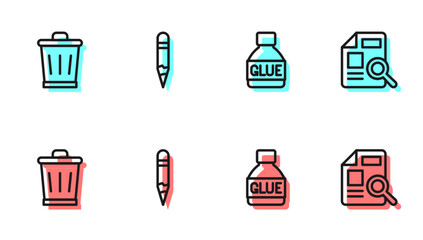 Poster - Set line Glue, Trash can, Pencil and Document with graph chart icon. Vector