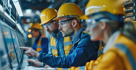 Wall Mural - Engineers wearing hard hats working with their customers while looking at graphs and charts. Generative AI.