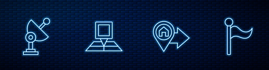 Wall Mural - Set line Location with house, Radar, Folded map location marker and Flag. Glowing neon icon on brick wall. Vector