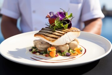Sticker - Culinary Masterpiece: Indulge in the Chef's Exquisite Grilled Codfish Creation.
