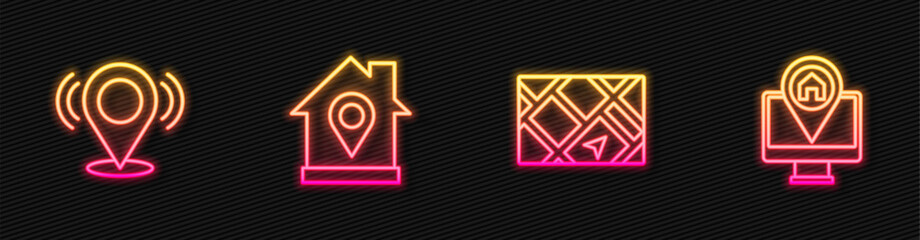 Poster - Set line Gps device with map, Map pin, Location house and Monitor location. Glowing neon icon. Vector
