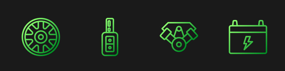 Poster - Set line Power car engine, Alloy wheel for, Car key with remote and battery. Gradient color icons. Vector