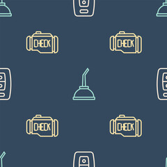 Poster - Set line Car key with remote, Check engine and Canister for motor machine oil on seamless pattern. Vector