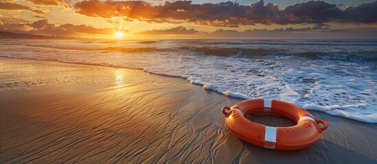 Portrait a lifebuoy in sandy beach at summer sunset. Generated AI image