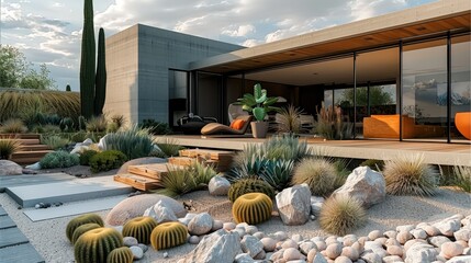 Sticker - Beautiful contemporary modern backyard landscape design in the desert. Generative AI.