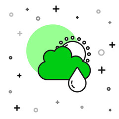 Sticker - Filled outline Cloud with rain and sun icon isolated on white background. Rain cloud precipitation with rain drops. Vector