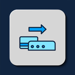 Poster - Filled outline Pos terminal with inserted credit card icon isolated on blue background. Payment terminal transaction. Pay by card. Vector