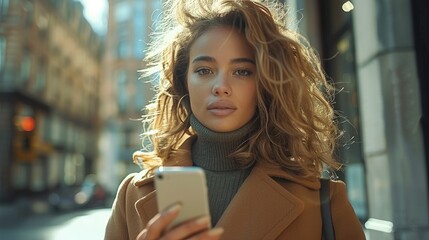 Poster - Beautiful woman in business clothes looking at smartphone on the street behind a building. Generative AI.