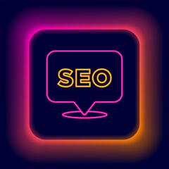Poster - Glowing neon line SEO optimization icon isolated on black background. Colorful outline concept. Vector