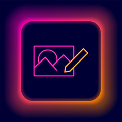 Poster - Glowing neon line Photo retouching icon isolated on black background. Photographer, photography, retouch icon. Colorful outline concept. Vector