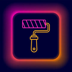 Wall Mural - Glowing neon line Paint roller brush icon isolated on black background. Colorful outline concept. Vector