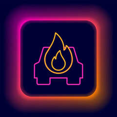 Poster - Glowing neon line Burning car icon isolated on black background. Car on fire. Broken auto covered with fire and smoke. Colorful outline concept. Vector