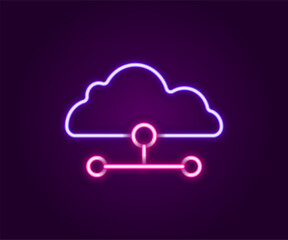 Poster - Glowing neon line Network cloud connection icon isolated on black background. Social technology. Cloud computing concept. Colorful outline concept. Vector