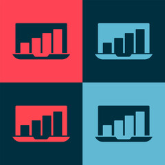 Poster - Pop art Laptop with graph chart icon isolated on color background. Report text file icon. Accounting sign. Audit, analysis, planning. Vector