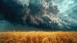 Ominous storm cloud looming over a tranquil field of wheat. Generative AI.