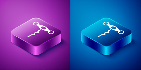 Wall Mural - Isometric Wine corkscrew icon isolated on blue and purple background. Square button. Vector