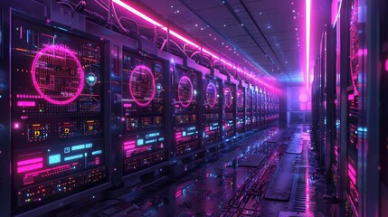 Poster - Crypto Mining Farm: An expansive view of a high tech crypto mining operation, with rows of rigs under cool, neon lights.