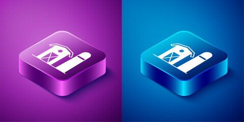 Wall Mural - Isometric Farm house icon isolated on blue and purple background. Square button. Vector