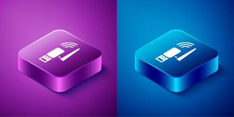 Poster - Isometric Usb wireless adapter icon isolated on blue and purple background. Square button. Vector