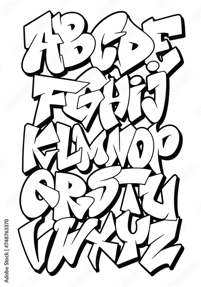 Alphate Shape Black and White Graffiti Old School font shaped alphabet set Stock ...