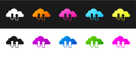 Poster - Set Cloud download and upload icon isolated on black and white background. Vector