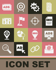 Poster - Set Mail and e-mail, Advertising, SEO optimization, Location marker, Browser setting, and Target sport icon. Vector