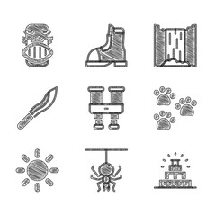 Wall Mural - Set Binoculars, Spider, Chichen Itza Mayan, Paw print, Sun, Machete, Waterfall and Mexican mayan or aztec mask icon. Vector