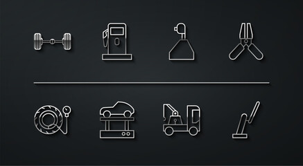 Poster - Set line Chassis car, Tire pressure gauge, Car battery jumper power cable, Tow truck, Repair on lift, Petrol or Gas station, Windscreen wiper and Gear shifter icon. Vector