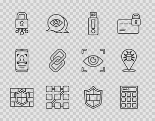 Poster - Set line Shield with brick wall, Password protection, USB flash drive, Graphic password, Cyber security, Chain link, and System bug icon. Vector