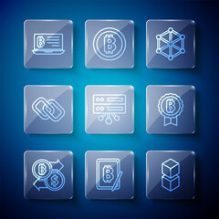 Poster - Set line Cryptocurrency exchange, Mining bitcoin from tablet, Blockchain technology, Server, Chain link, laptop and Bitcoin icon. Vector