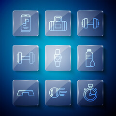 Canvas Print - Set line Step platform, Tennis ball, Stopwatch, Dumbbell, Smartwatch, Music player and Fitness shaker icon. Vector