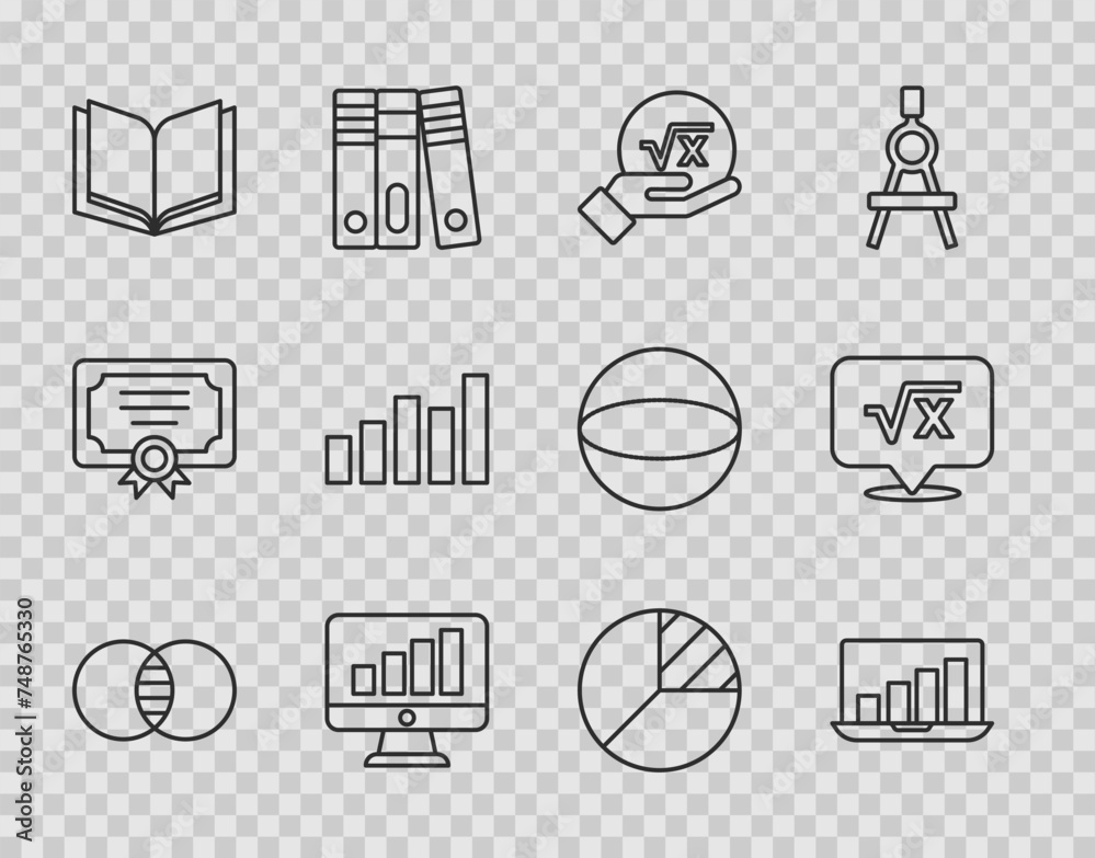 Xy Math Graph Icon Set line Mathematics sets A and B, Laptop with graph chart, Square root ...