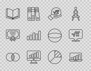 Poster - Set line Mathematics sets A and B, Laptop with graph chart, Square root of x glyph, Computer monitor, Open book, Graph, schedule, diagram, Pie infographic and icon. Vector