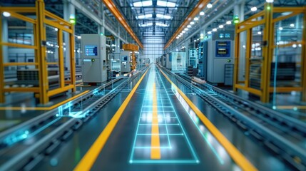 Fototapete - A modern high tech manufacturing line augmented with digital twin solution. Generative AI.