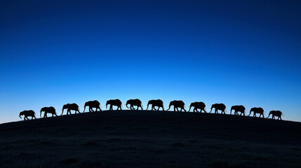 elephants marching in a line, a gentle giant's procession at dusk